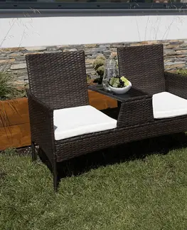 Záhradné zostavy Záhradná lavica so stolíkom a poduškami, hnedá/krémová, LALIT
