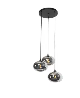 Zavesne lampy Závesná lampa Art Deco čierna 3 -svetelná s dymovým sklom - Busa