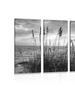 Čiernobiele obrazy 5-dielny obraz západ slnka na pláži v čiernobielom prevedení