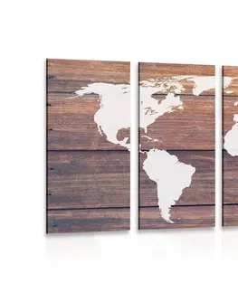 Obrazy mapy 5-dielny obraz mapa sveta s dreveným pozadím