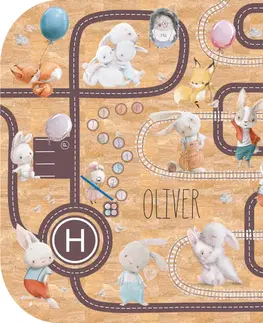 Korkové koberce Detský koberec z korku - Akvarelové zvieratká, cesta a koľajnice