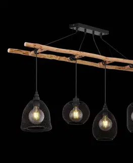 Závesné svietidlá Globo Závesná lampa Lioni z dreva, 4 kovové tienidlá