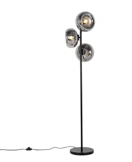 Stojace lampy Stojacia lampa Art Deco čierna s dymovým sklom 3-svetlá - Ayesha