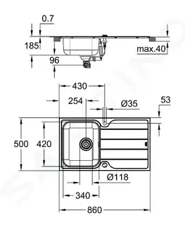 Kuchynské drezy GROHE GROHE - Dřezy Drez K500 s automatickým odtokom, 860x500 mm, kefovaná nerezová 31571SD1