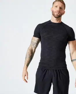 fitnes Kompresné tričko na posilňovanie s krátkym rukávom priedušné s okrúhlym výstrihom čierno-kaki