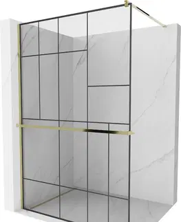 Sprchové dvere MEXEN/S - Kioto+ Sprchová zástena WALK-IN s poličkou a držiakom uterákov 130 x 200 cm, čierna vzor, zlatá 800-130-121-50-78