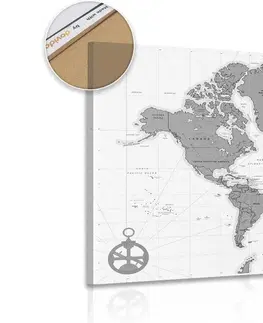 Obrazy na korku Obraz na korku  štýlová mapa s kompasom v čiernobielom prevedení
