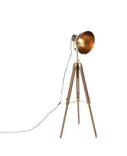 Stojace lampy Priemyselná statívová stojaca lampa bronzová s drevom - Mangoes