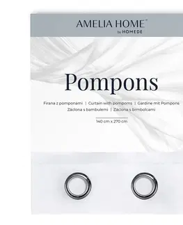 Závesy AmeliaHome Záclona Pompons Eyelets biela, 140 x 250 cm