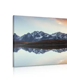 Obrazy prírody a krajiny Obraz oslnivý západ slnka nad horským jazerom