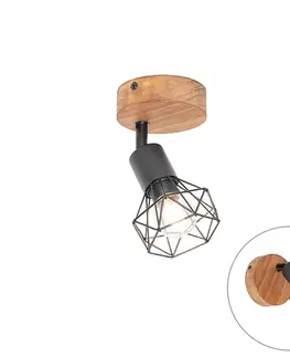 Nastenne lampy Industriálne bodové čierne s drevom otočné a sklopné - Mosh