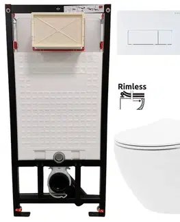 Záchody DEANTE Podstavný rám, pre závesné WC misy + SLIM tlačidlo bílé  + WC REA Carlo Flat Mini Rimlesss + SEDADLO CST_WC01 A51P CF1