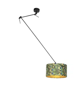 Zavesne lampy Závesná lampa s velúrovým tienidlom páv so zlatom 35 cm - Blitz I čierna