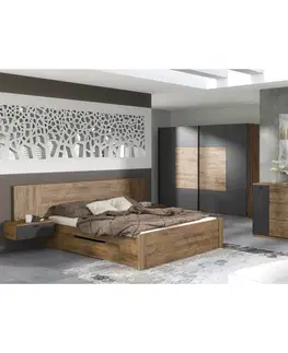 Spálňové zostavy Spálňový komplet (posteľ 160x200 cm, 2x nočný stolík, skriňa), dub ribeck/tmavý grafit, ARMENY