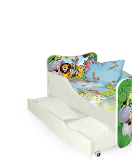 Postele HALMAR Happy Jungle detská posteľ s roštom a matracom biela / kombinácia farieb