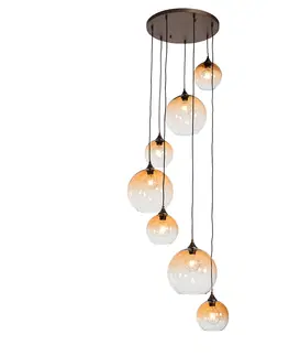 Zavesne lampy Art deco závesné svietidlo bronz s jantárovým sklom okrúhle 7-svetlo - Sandra