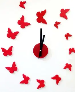 Hodiny Nalepovacie nástenné hodiny, Motýle 3d diy, červené, 50-70cm