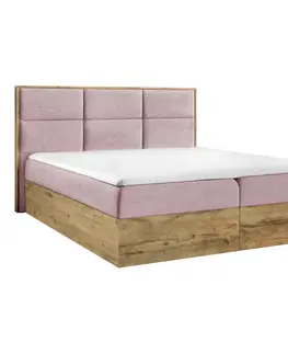 Postele Boxspringová posteľ, 200x200, ružová látka Kronos/dub lancelot, WOOD 2