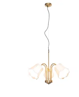 Zavesne lampy Klasická závesná lampa z mosadze s bielym tienidlom 5-svetlá - Nona