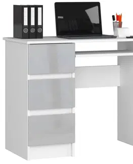 Písacie stoly Dizajnový písací stôl JIŘÍ90L, biely / šedý lesk