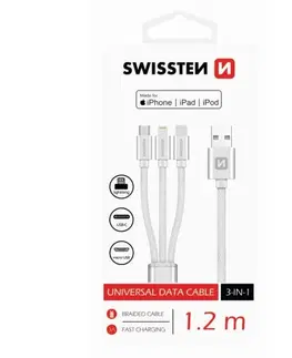 USB káble Dátový kábel Swissten textilný 3 v 1 a s podporou rýchlonabíjania, strieborný 72501102