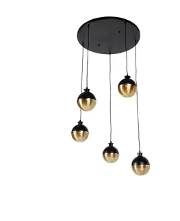Zavesne lampy Industriálne závesné svietidlo čierne s mosadznými 5 svetlami - Haicha