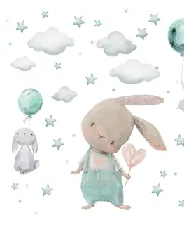 Nálepky na stenu Detské nálepky na stenu - Zajačiky s hviezdičkami v mentolovej farbe