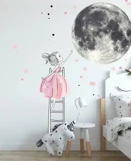 Nálepky na stenu Samolepka na stenu - Mesiac a dievča na rebríku s hviezdami, veľká nálepka