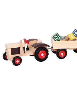 Drevené vláčiky Bino Traktor s gumovými kolesami a vlečkou