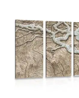 Obrazy stromy a listy 5-dielny obraz abstraktný strom na dreve v béžovom prevedení