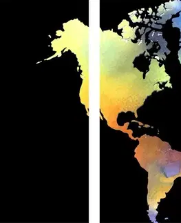 Obrazy mapy 5-dielny obraz mapa sveta v akvarelovom prevedení na čiernom pozadí