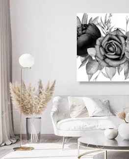 Čiernobiele obrazy Obraz okúzľujúca kombinácia kvetov a listov v čiernobielom prevedení
