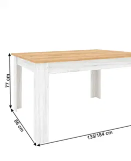 Jedálenské stoly Jedálenský stôl, rozkladací, dub craft zlatý/dub craft biely, 135-184x86 cm, SUDBURY