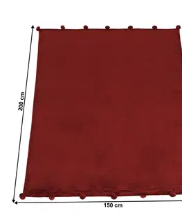 Deky KONDELA Luang plyšová deka s brmbolcami 150x200 cm bordová