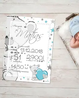 Obrazy do detskej izby Darčeky - Tabuľka o narodení dieťatka s mackom - odosielame do 24 hodín
