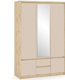 Šatníkové skrine NABBI Daicos W-3D2DRWS trojdverová šatníková skriňa so zrkadlom dub artisan / champagne