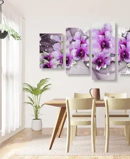 Abstraktné obrazy 5-dielny obraz fialové kvety na abstraktnom pozadí