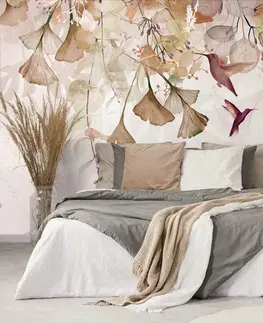 Samolepiace tapety Samolepiaca tapeta listy s kolibríkmi v hnedo-ružovom
