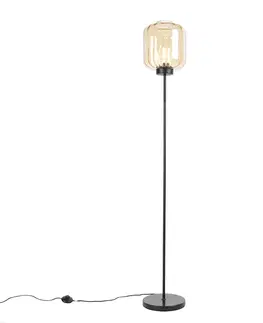Stojace lampy Dizajnová stojaca lampa čierna s jantárovým sklom - Qara
