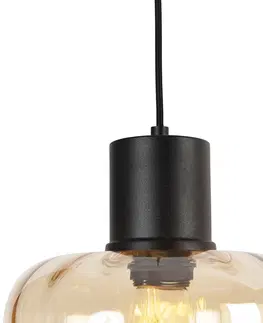 Zavesne lampy Dizajnové závesné svietidlo čierne s jantárovým sklom 3-svetlé 226 cm - Qara