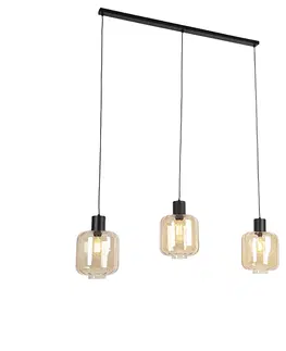 Zavesne lampy Dizajnové závesné svietidlo čierne s jantárovým sklom 3-svetlé 161,5 cm - Qara