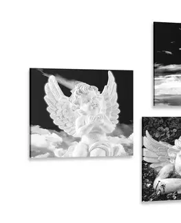 Zostavy obrazov Set obrazov anjeliky v čiernobielom prevedení