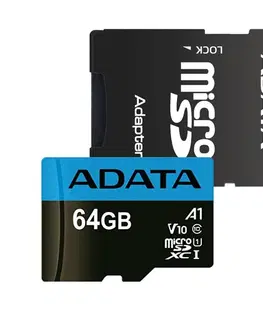 Pamäťové karty ADATA Micro SDXC Premier 64GB + SD adaptér, UHS-I A1, Class 10 - rýchlosť 85 MB/s (AUSDX64GUICL10A1-RA1)
