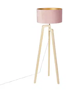 Stojace lampy Stojatá lampa statívové drevo s ružovým zamatovým odtieňom 50 cm - Puros
