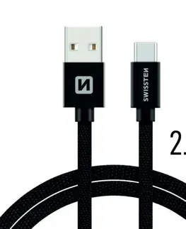 USB káble Dátový kábel Swissten textilný s USB-C konektorom a podporou rýchlonabíjania, čierny 71521301