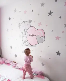 Nálepky na stenu Detské nálepky na stenu - Medvedík s ružovým srdiečkom a menom