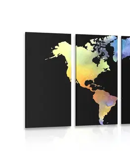 Obrazy mapy 5-dielny obraz mapa sveta v akvarelovom prevedení na čiernom pozadí