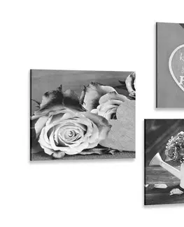 Zostavy obrazov Set obrazov čiernobiele kvetiny s nápisom Home