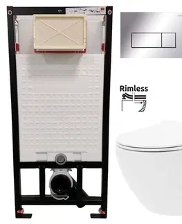 Záchody DEANTE Podstavný rám, pre závesné WC misy + SLIM tlačidlo chrom + WC REA Carlo Flat Mini Rimlesss + SEDADLO CST_WC01 051P CF1