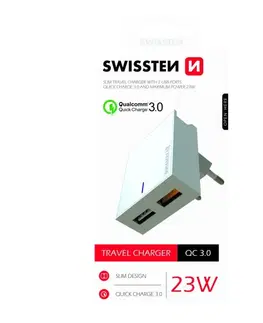 Nabíjačky pre mobilné telefóny Rýchlonabíjačka Swissten Qualcomm Charger 3.0 s 2 USB konektormi, 23 W, biela 22049600